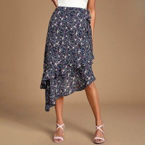 Lulus Navy Blue Floral Midi Skirt, Size S, NWT